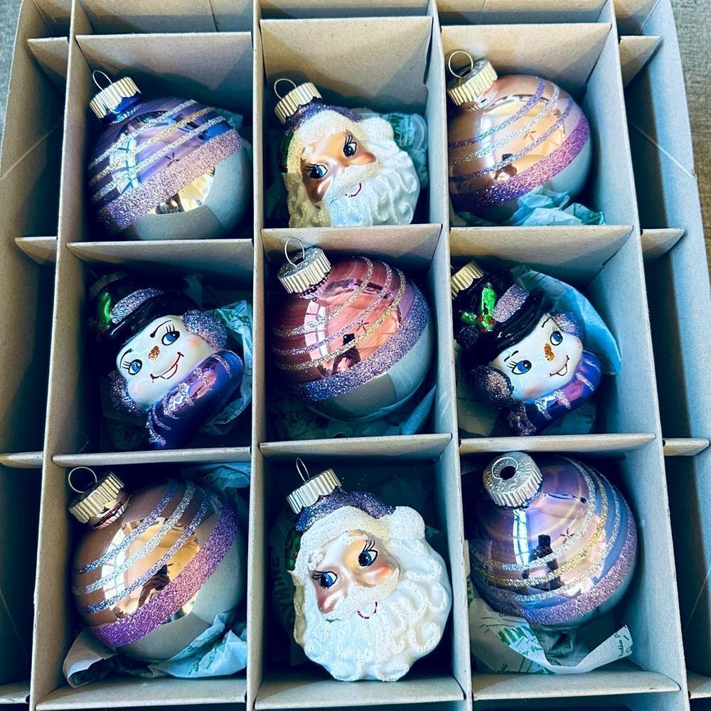 Christopher Radko Shiny Brite Vintage Santa Snowman Purple Christmas Ornaments
